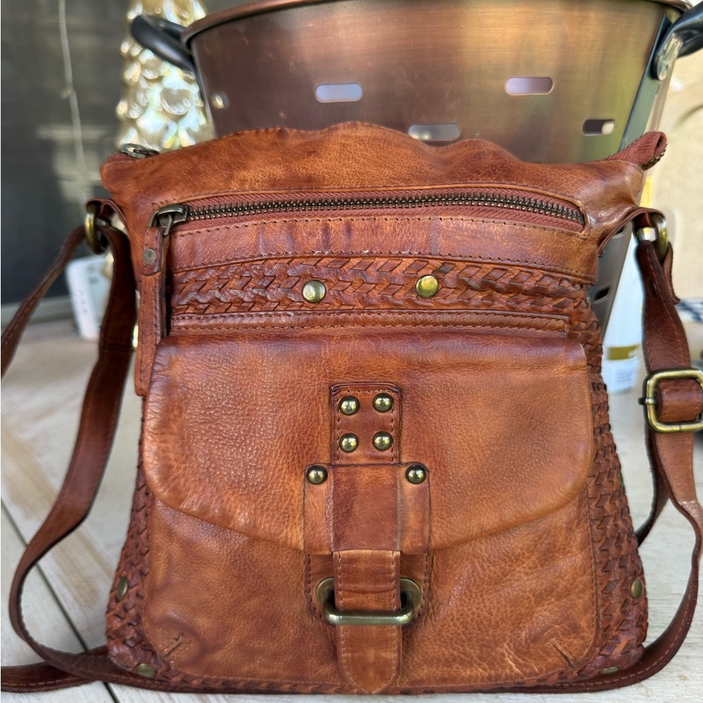 Women's Brown Leather Crossbody Bag - Classic Woven Accent